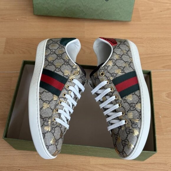 Gucci Ace GG Bee Monogram Leather Web Sneakers - Picture 2 of 4